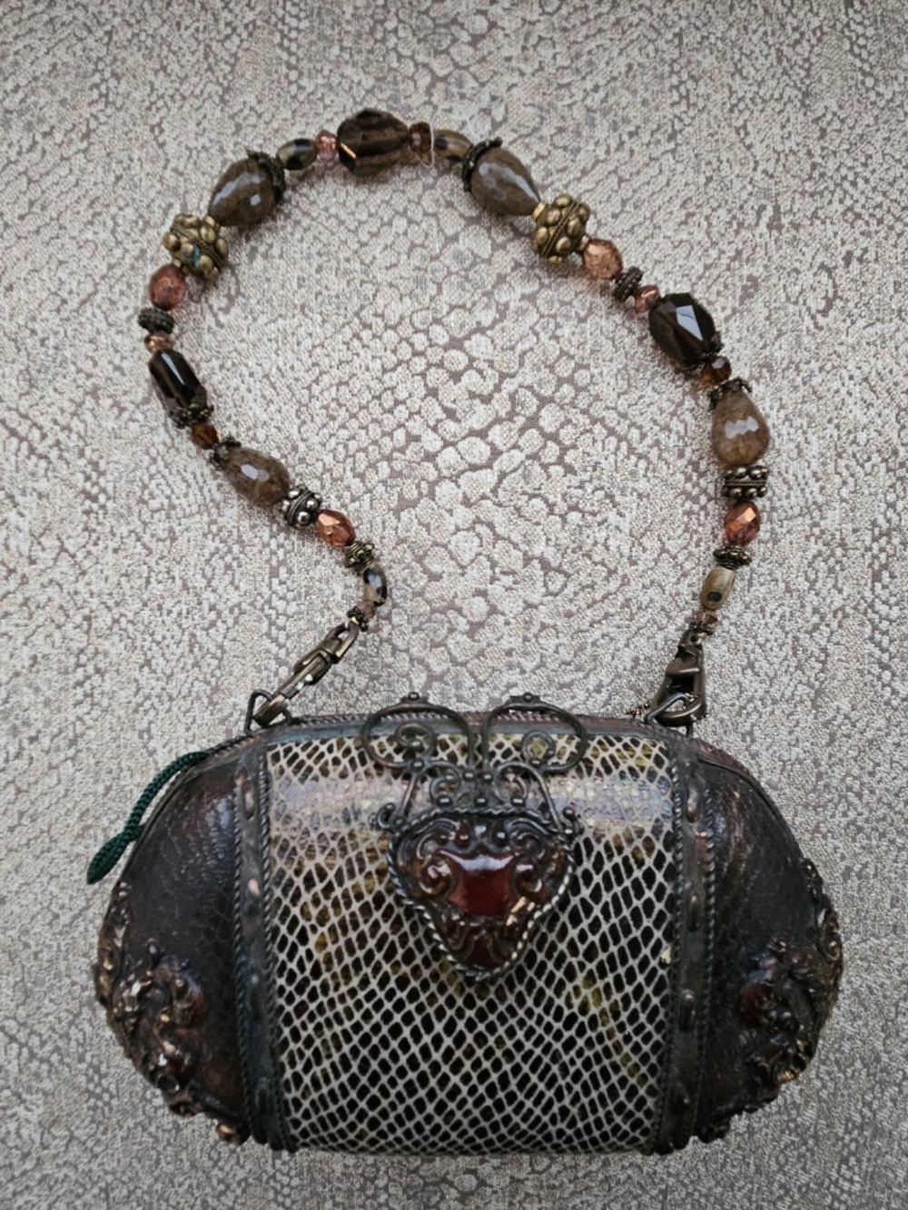 Maya Brown and Gold Embellished Beaded Handle Clutch